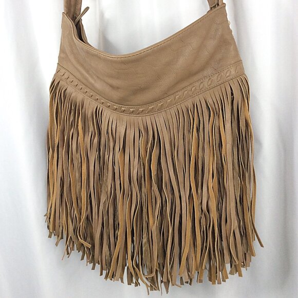Big Buddha Fringe Shoulder Bag Carmel Brown Faux Leather Gold Bead Stud Accents - Picture 2 of 9